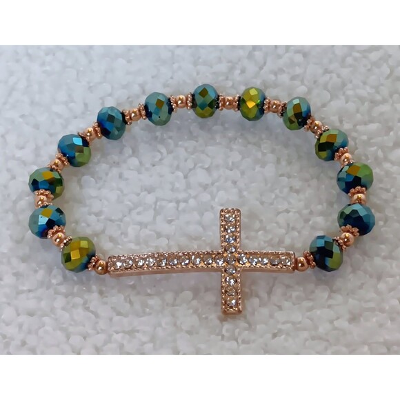 Green Oil Slick Crystal & Goldtone Rhinestone Cross Stretch Bracelet 6.5 in - Picture 3 of 9